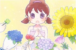 Rule 34 | 10s, 1girl, :o, ayu (mog), blue flower, blue rose, bouquet, brown eyes, brown hair, clover, flower, four-leaf clover, hair ribbon, hairband, lilac, open mouth, osomatsu-kun, osomatsu-san, osomatsu (series), ribbon, rose, solo focus, sunflower, tulip, twintails, yowai totoko