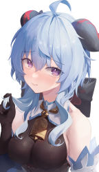 Rule 34 | 1girl, 3:, absurdres, ahoge, bare shoulders, bell, blue hair, blush, bodystocking, bodysuit, breasts, brown bodysuit, closed mouth, covered erect nipples, detached collar, detached sleeves, ganyu (genshin impact), genshin impact, goat horns, hair between eyes, highres, holding, holding own hair, horns, huhi (huhi 1211), long hair, looking at viewer, medium breasts, neck bell, purple eyes, raised eyebrows, simple background, solo, upper body, white background