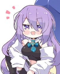Rule 34 | 1girl, :d, black shirt, blush, breasts, chibi, crop top, fang, hair between eyes, highres, hololive, hololive indonesia, jacket, kukie-nyan, long hair, looking at viewer, medium breasts, midriff peek, moona hoshinova, notice lines, open mouth, purple eyes, purple hair, shirt, sidelocks, simple background, smile, solo, very long hair, virtual youtuber, white background, white jacket