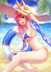 Rule 34 | 1girl, :d, animal ear fluff, animal ears, arm up, bad id, bad pixiv id, bare arms, bare legs, bare shoulders, barefoot, beach, bikini, blue bikini, blue sky, bracelet, breasts, brown eyes, brown hat, cloud, cloudy sky, commentary request, day, ears through headwear, fate/grand order, fate (series), fox ears, hair between eyes, hand on headwear, hat, highres, horizon, innertube, jewelry, large breasts, long hair, looking at viewer, lunacle, navel, no tail, ocean, open mouth, outdoors, palm tree, red hair, sand, shadow, shawl, side-tie bikini bottom, sky, smile, solo, stomach, straw hat, swim ring, swimsuit, tamamo (fate), tamamo no mae (fate/extra), tamamo no mae (swimsuit lancer) (fate), tamamo no mae (swimsuit lancer) (second ascension) (fate), transparent, tree, water