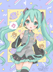 Rule 34 | 1girl, :o, ahoge, antique phone, aqua eyes, aqua hair, bad id, bad pixiv id, beamed quavers, clenched hands, collared shirt, dated, detached sleeves, hatsune miku, headset, long hair, looking at viewer, mnmktn, musical note, necktie, phone, rotary phone, shirt, signature, solo, speech bubble, spoken musical note, thighhighs, tie clip, twintails, vocaloid, wide sleeves