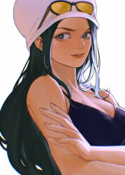 Rule 34 | 1girl, bare shoulders, black hair, breasts, cleavage, commentary, dress, eyewear on headwear, hat, highres, long hair, medium breasts, mygiorni, nico robin, nico robin (dressrosa), one piece, simple background, sleeveless, smile, solo, sunglasses, tinted eyewear, white background, white hat, yellow-tinted eyewear