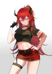 Rule 34 | 1girl, absurdres, arknights, belt, black belt, black choker, black gloves, black shirt, breasts, chinese commentary, choker, commentary request, crop top, gloves, gradient background, grey background, hand on own hip, hand up, highres, horns, long hair, looking at viewer, medium breasts, midriff, miniskirt, nail polish, navel, official alternate costume, pencil skirt, purple eyes, red hair, red nails, red skirt, shaobao (sdhx3728), shirt, single glove, skirt, solo, stomach, surtr (arknights), surtr (liberte echec) (arknights), thigh strap, thighs, very long hair, white background
