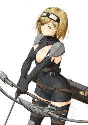 Rule 34 | 10s, 1girl, armor, arrow (projectile), bad id, bad twitter id, belt, blonde hair, boots, bow (weapon), breasts, brown eyes, cleavage, cleavage cutout, clothing cutout, cowboy shot, djeeta (granblue fantasy), elbow gloves, gloves, goggles, goggles on head, granblue fantasy, high collar, highres, looking at viewer, marksman (granblue fantasy), medium breasts, miniskirt, multiple belts, niwatazumi, shoulder armor, skirt, solo, thigh boots, thighhighs, weapon, white background