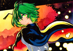 Rule 34 | 1girl, antennae, bad id, bad pixiv id, black cape, breasts, cape, closed mouth, collared shirt, commentary request, green eyes, green hair, hair between eyes, long sleeves, looking at viewer, looking back, orange cape, qqqrinkappp, shirt, short hair, small breasts, smile, solo, touhou, traditional media, two-sided cape, two-sided fabric, upper body, white shirt, wriggle nightbug