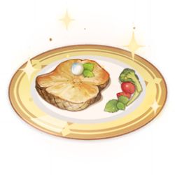 Rule 34 | artist request, broccoli, cherry tomato, commentary, english commentary, fish (food), flower, food, food focus, game cg, genshin impact, leaf, lowres, no humans, official art, plate, simple background, sparkle, still life, third-party source, tomato, transparent background, white flower