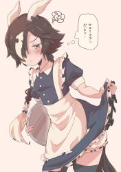 Rule 34 | 1girl, absurdres, alternate costume, animal ears, apron, black dress, black thighhighs, bloomers, blush, braid, braided ponytail, breasts, brown hair, closed mouth, clothes lift, collared dress, cowboy shot, dress, ear covers, enmaided, flat chest, frown, hair over one eye, highres, holding, holding tray, horse ears, horse girl, horse tail, long hair, maid, maid apron, maru (hachi 47923), multicolored hair, short sleeves, simple background, skirt, skirt lift, small breasts, solo, standing, streaked hair, tail, thighhighs, thought bubble, translation request, tray, umamusume, underwear, vodka (umamusume), white background, yellow eyes