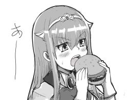Rule 34 | 1boy, 1girl, artist request, blush, breasts, burger, crown, detached collar, eating, fang, food, gloves, holding, holding food, kangoku senkan, kangoku senkan 2, maya cordelia, monochrome, open mouth, simple background, smile, solo, taimanin (series), taimanin rpgx, translation request, upper body, what