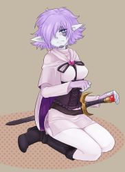 Rule 34 | 1girl, agunyan, bad id, bad pixiv id, boots, colored skin, corset, gender request, genderswap, knee boots, pantyhose, pointy ears, purple skin, short hair, slayers, solo, sword, weapon, white pantyhose, zelgadiss graywords