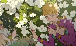 Rule 34 | 3boys, blonde hair, braid, bug, commentary request, day, deck chair, dio brando, earrings, fangs, father and son, finger to mouth, flower, giorno giovanna, grass, green hair, highres, holding hands, honlo, implied yaoi, index finger raised, insect, interlocked fingers, jacket, jewelry, jojo no kimyou na bouken, jonathan joestar, ladybug, legs, long hair, male focus, multiple boys, muscular, muscular male, outdoors, pectorals, peeking, pink jacket, plant, shirt, short hair, shorts, shushing, sitting, smile, sunglasses, tree, white flower, white shirt, yaoi, yellow shorts