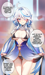 Rule 34 | 1girl, ahoge, alternate breast size, bikini, black bikini, blue dress, blue eyes, blue hair, blush, breasts, clothes lift, commentary, cowboy shot, dress, dress lift, english text, foxyreine, furina (genshin impact), genshin impact, hair between eyes, highres, juliet sleeves, long hair, long sleeves, looking at viewer, medium breasts, multicolored hair, paid reward available, puffy sleeves, solo, speech bubble, spoilers, swimsuit, thighs, two-tone hair, white hair