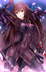 Rule 34 | 10s, 1girl, 2016, absurdres, arm up, armor, armpits, artist name, bodysuit, breasts, brown hair, circlet, covered navel, dated, eyebrows, fate/grand order, fate (series), gae bolg (fate), gloves, gluteal fold, gradient background, hair between eyes, highres, holding, large breasts, light particles, long hair, looking at viewer, nez-box, no shoes, panties, pauldrons, polearm, purple bodysuit, red eyes, scathach (fate), see-through, shoulder armor, signature, smile, solo, spear, thighhighs, underwear, veil, weapon