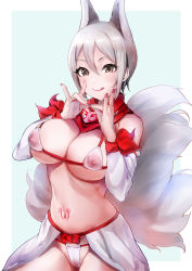 Rule 34 | 1girl, :q, animal ears, bare shoulders, bikini, blue background, blush, border, breasts, brown eyes, cameltoe, cleavage, closed mouth, covered erect nipples, detached sleeves, fox ears, fox girl, fox shadow puppet, fox tail, groin, idolmaster, idolmaster cinderella girls, kemonomimi mode, large breasts, long sleeves, maumen, micro bikini, nail polish, navel, nipples, outside border, red nails, red ribbon, red scarf, ribbon, scarf, see-through, shiomi syuko, short hair, silver hair, simple background, sitting, smile, solo, stomach, stomach tattoo, swimsuit, tail, tattoo, tongue, tongue out, waist cape, white bikini, white border