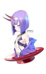Rule 34 | 1girl, alcohol, bare shoulders, breasts, closed mouth, collarbone, colored skin, cup, eyeliner, fang, fang out, fate/grand order, fate (series), headpiece, highres, hikimayu, horns, makeup, midriff, navel, off shoulder, oni, petals, purple eyes, purple hair, sakazuki, sake, short hair, shuten douji (fate), simple background, skin-covered horns, small breasts, smile, solo, twitter username, upper body, white background, white skin, yuuzii