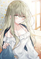 Rule 34 | 1girl, black jacket, blush, breasts, cecilia (shiro seijo to kuro bokushi), cleavage, closed mouth, collarbone, commentary request, day, dress, frilled dress, frills, green eyes, green hair, indoors, jacket, jacket on shoulders, kazutake hazano, long hair, looking at viewer, medium breasts, off-shoulder dress, off shoulder, pillow, shiro seijo to kuro bokushi, sitting, solo, sunlight, sweat, very long hair, white dress, window