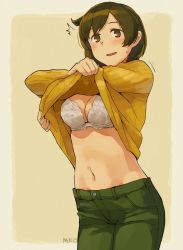 Rule 34 | 1girl, blush, bra, breasts, brown eyes, brown hair, cleavage, clothes lift, green pants, hiryuu (kancolle), kantai collection, lifted by self, makio (makiomeigenbot), medium breasts, navel, official alternate costume, open mouth, pants, ribbed sweater, short hair, signature, simple background, solo, sweat, sweater, sweater lift, two-tone background, underwear, undressing, white bra, yellow sweater