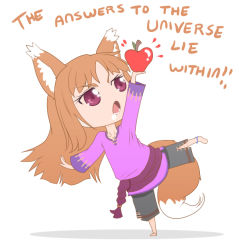 Rule 34 | 1girl, animal ears, anklet, apple, arm up, bad id, bad tumblr id, balancing, bankage, barefoot, brown hair, chibi, colorized, drooling, english text, food, fruit, full body, holo, jewelry, long hair, open mouth, red eyes, saliva, sash, solo, spice and wolf, standing, standing on one leg, tail, wolf ears, wolf tail
