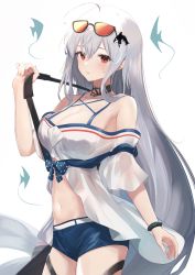 Rule 34 | 1girl, ahoge, arknights, armpit peek, bare shoulders, bikini, black choker, blue shorts, breasts, choker, cleavage, collarbone, commentary, cowboy shot, eyewear on head, fish, from side, hair between eyes, hair ornament, hand up, highres, holding strap, infection monitor (arknights), long hair, looking at viewer, looking to the side, medium breasts, midriff, navel, nokke o, off-shoulder shirt, off shoulder, official alternate costume, orca hair ornament, parted lips, red eyes, shirt, shorts, silver hair, simple background, skadi (arknights), skadi (waverider) (arknights), solo, stomach, sunglasses, swimsuit, thigh strap, thighs, white background, white shirt