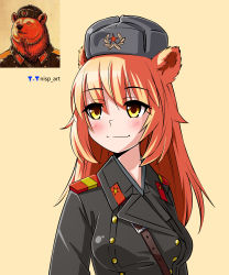 Rule 34 | 1girl, absurdres, animal ears, bear, closed mouth, commentary, fur hat, hat, highres, long hair, military, military hat, military uniform, nisp art, orange hair, original, reference inset, russian commentary, simple background, smile, solo, soviet, uniform, upper body, ushanka, yellow background, yellow eyes