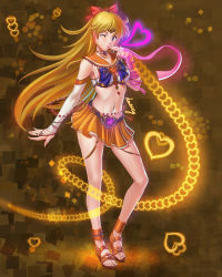 Rule 34 | 1girl, adapted costume, aino minako, anklet, arm warmers, bishoujo senshi sailor moon, blonde hair, blue bow, blue eyes, bow, brooch, brown background, choker, crop top, earrings, full body, hair bow, heart, heart brooch, hentaitop, highres, jewelry, long hair, looking at viewer, magical girl, midriff, navel, one eye closed, orange footwear, orange skirt, pink ribbon, red bow, ribbon, sailor collar, sailor venus, sandals, shoes, skirt, solo, standing, tiara, white choker