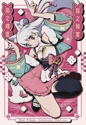 Rule 34 | 1girl, animal ear fluff, animal ears, aqua eyes, black thighhighs, commission, detached sleeves, extra ears, fox ears, fox girl, fox shadow puppet, head tilt, heterochromia, highres, long hair, looking at viewer, original, parted lips, pink eyes, pink skirt, poro (apom6n), single thighhigh, skeb commission, skirt, solo, thighhighs, translated, white hair, wide sleeves