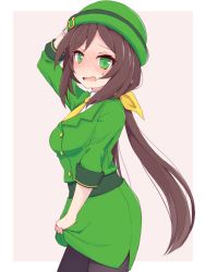 Rule 34 | 1girl, arm up, blush, bowler hat, breasts, brown hair, commentary, green eyes, green hat, green jacket, green skirt, hand on headwear, hat, hayakawa tazuna, jacket, kokko tofu, long hair, long sleeves, looking at viewer, low twintails, medium breasts, necktie, nose blush, open mouth, skirt, skirt tug, solo, sweatdrop, twintails, umamusume, yellow necktie