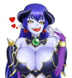 Rule 34 | 1girl, astaroth (shinrabanshou), blue hair, blue skin, breasts, cleavage, colored skin, do konjouuo, horns, large breasts, pointy ears, shinrabanshou, simple background, smile, solo, tongue, yellow eyes