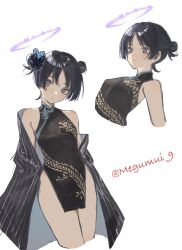 Rule 34 | 1boy, black coat, black dress, blue archive, blush, butterfly hair ornament, china dress, chinese clothes, closed mouth, coat, cosplay, cropped legs, crossdressing, double bun, dragon print, dress, genshin impact, hair bun, hair ornament, halo, highres, kisaki (blue archive), kisaki (blue archive) (cosplay), male focus, megumui 9, multiple views, off shoulder, open clothes, open coat, pelvic curtain, purple eyes, scaramouche (genshin impact), simple background, sleeveless, sleeveless dress, twitter username, white background