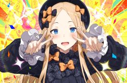 Rule 34 | 1girl, abigail williams (fate), black bow, black dress, black hat, blonde hair, blue eyes, blush, bow, breasts, double v, dress, emotional engine - full drive, fate/grand order, fate (series), forehead, hair bow, hat, hews, long hair, long sleeves, looking at viewer, multiple bows, open mouth, orange bow, parted bangs, polka dot, polka dot bow, smile, solo, sparkle, v, yellow background