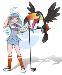 Rule 34 | 1girl, :&lt;, adjusting clothes, adjusting headwear, ahoge, aqua hair, bad id, bad pixiv id, beak, belt, bird, bird tail, bird wings, blue hat, blue skirt, breasts, buttons, closed mouth, collared shirt, creatures (company), elite four, eyelashes, facing viewer, feathered wings, feathers, frown, full body, game freak, gen 7 pokemon, golf club, hat, highres, holding, holding golf club, kahili (pokemon), kneehighs, long hair, looking at viewer, medium breasts, miniskirt, mole, mole under eye, nintendo, official style, open mouth, orange socks, pencil skirt, pin, poke ball, pokemon, pokemon (creature), pokemon sm, purple eyes, shadow, shirt, shoes, short sleeves, simple background, skirt, socks, standing, striped clothes, striped shirt, tail, talons, tareme, tellzeta, toucan, toucannon, visor cap, white background, white footwear, wings