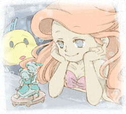 Rule 34 | 1girl, air bubble, ariel (disney), bare shoulders, blue eyes, bubble, closed mouth, collarbone, figure, fish, flounder (the little mermaid), hands on own face, long hair, lowres, red hair, shell, shell bikini, siho (softcolor), smile, solo focus, the little mermaid, underwater, very long hair