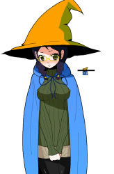 Rule 34 | 1girl, bar censor, black mage (final fantasy), black pantyhose, braid, breasts, breasts squeezed together, cape, censored, covered erect nipples, crossover, final fantasy, glasses, hat, identity censor, itou life, large breasts, pantyhose, parody, solo, sweater, twin braids, v arms, witch hat, yellow-framed eyewear