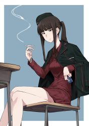Rule 34 | 10s, 1girl, absurdres, aged down, arm rest, black hat, black jacket, blue background, brown eyes, chair, chocolate cigarette, cigarette pack, closed mouth, commentary, crossed legs, desk, dress shirt, emblem, frown, garrison cap, girls und panzer, hat, highres, holding, jacket, jacket on shoulders, kiriko works, kuromorimine military uniform, long hair, long sleeves, looking at viewer, military, military hat, military uniform, miniskirt, nishizumi shiho, outside border, pleated skirt, ponytail, red shirt, red skirt, school chair, school desk, shirt, sidelocks, sitting, skirt, smoke, solo, straight hair, translation request, uniform, watch, wing collar, wristwatch