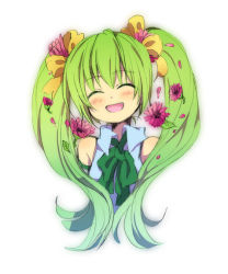 Rule 34 | 1girl, bad id, bad pixiv id, bare shoulders, blush, closed eyes, fang, flower, green hair, hair ribbon, happy, hatsune miku, long hair, open mouth, ribbon, sakuro, simple background, smile, solo, twintails, upper body, vocaloid