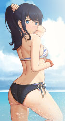 Rule 34 | 10s, 1girl, animal print, arm up, ass, bikini, black bikini, black hair, blue eyes, breasts, butt crack, closed mouth, cloud, commentary request, cowboy shot, day, from behind, gridman universe, highres, holding, holding hair, layered bikini, long hair, looking at viewer, looking back, medium breasts, orange scrunchie, outdoors, ponytail, scrunchie, sdw0101, side-tie bikini bottom, solo, ssss.gridman, standing, swimsuit, takarada rikka, wading, water, wrist scrunchie