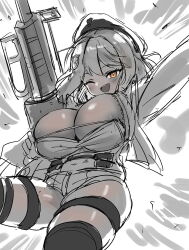 Rule 34 | 1girl, anis (nikke), beret, black thighhighs, breasts, goddess of victory: nikke, gun, hat, highres, jacket, large breasts, monochrome, one eye closed, rayno, short shorts, shorts, solo, thighhighs, twitter, weapon, yellow eyes