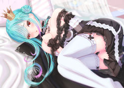Rule 34 | 1girl, :o, aqua hair, asymmetrical hair, bare shoulders, black choker, black coat, black dress, blurry, blurry background, blush, choker, coat, unworn coat, collarbone, crown, double bun, dress, earrings, flat chest, frilled dress, frilled straps, frilled thighhighs, frills, full body, garter straps, ghost earrings, gradient hair, hair bun, highres, hololive, jewelry, lace, lace choker, long hair, looking at viewer, lying, mikage hrk, mini crown, multicolored hair, no shoes, off-shoulder dress, off shoulder, official alternate costume, on bed, on side, open mouth, pink hair, red eyes, see-through, see-through sleeves, short dress, short sleeves, solo, tearing up, thighhighs, tilted headwear, twintails, uneven twintails, uruha rushia, uruha rushia (3rd costume), virtual youtuber, white garter straps, white thighhighs, wristband