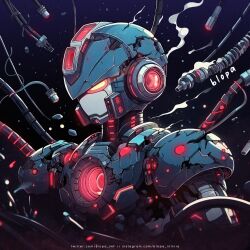 Rule 34 | adapted costume, armor, artist name, blopa-inf, cable, commentary request, glowing, glowing eyes, highres, mega man (series), mega man x (series), no humans, red eyes, robot, shoulder armor, smoke, twitter username, x (mega man)