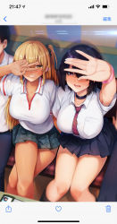 Rule 34 | 2girls, arm up, black choker, black hair, blonde hair, blue skirt, blush, breasts, choker, collared shirt, commentary request, crossed legs, dark-skinned female, dark skin, dress shirt, from above, hair between eyes, highres, id card, jewelry, large breasts, miniskirt, multiple girls, necklace, open mouth, original, outstretched hand, pink eyes, pleated skirt, red neckwear, ryouma (galley), school uniform, selfie, shirt, short hair, side ponytail, sitting, skirt, smile, striped neckwear, tan, thighs, v, white shirt, wristband