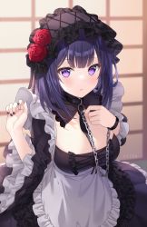 Rule 34 | 1girl, apron, black collar, black dress, black hairband, blurry, blurry background, blush, breasts, center frills, chain, chain leash, cleavage, collar, commentary, depth of field, dress, flower, frilled apron, frilled dress, frilled sleeves, frills, hairband, hands up, highres, hitsukuya, indoors, juliet sleeves, kuroe shizuku, large breasts, leash, long sleeves, looking at viewer, medium breasts, nail polish, open mouth, parted lips, puffy sleeves, purple eyes, purple hair, purple nails, red flower, red rose, rose, short hair, signature, solo, sono bisque doll wa koi wo suru, white apron, wide sleeves