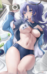 Rule 34 | 1girl, black shirt, blue archive, blue buruma, blue jacket, blush, book, bottle, breasts, buruma, cellphone, clothes lift, cyicheng, half updo, halo, id card, jacket, lanyard, large breasts, long hair, long sleeves, looking at viewer, lying, navel, on back, open clothes, open jacket, paper, parted bangs, phone, pillow, ponytail, purple eyes, purple hair, shirt, short sleeves, sidelocks, solo, star sticker, sticker on face, sweat, thighs, track jacket, underboob, water bottle, yuuka (blue archive), yuuka (track) (blue archive)