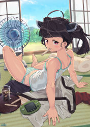 Rule 34 | 1girl, ahoge, arm support, bare legs, bare shoulders, barefoot, black hair, black skirt, blunt bangs, blush, breasts, camisole, commentary request, cup, day, drinking glass, electric fan, from behind, full body, glint, hair ornament, highres, hitogata ningen, ice, ice cube, iced tea, indoors, japanese clothes, kimono, leaning back, long hair, looking at viewer, looking back, mouth hold, on floor, panties, popsicle stick, purple eyes, sitting, skirt, sliding doors, small breasts, solo, spread legs, striped clothes, striped panties, tatami, touhoku kiritan, tray, twintails, underwear, underwear only, unworn kimono, unworn skirt, voiceroid, white kimono