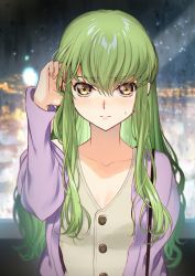 Rule 34 | 1girl, beige blouse, breasts, c.c., code geass, commentary request, creayus, eyes visible through hair, green hair, jacket, long hair, looking at viewer, purple jacket, small breasts, solo, upper body, yellow eyes