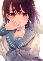 Rule 34 | 1girl, backlighting, blue bow, blue neckerchief, blue ribbon, blue sailor collar, blush, bow, brown eyes, close-up, closed mouth, collarbone, covering own mouth, crying, crying with eyes open, day, hair between eyes, hand over own mouth, hand up, highres, kuro namako, long sleeves, looking at viewer, medium hair, neckerchief, original, ribbon, sailor collar, school uniform, serafuku, shirt, sidelocks, simple background, solo, swept bangs, tears, upper body, white background, white shirt, wiping tears