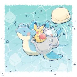 Rule 34 | :3, :d, artist name, blush, border, caustics, cherry, closed eyes, closed mouth, commentary request, creatures (company), food, fruit, game freak, gen 1 pokemon, gen 8 pokemon, highres, holding, holding food, holding fruit, ice, ice cream, ice cube, lapras, musical note, nintendo, no humans, open mouth, pikachu, pokemon, pokemon (creature), pokemon on back, riding, smile, snom, sparkle, star (symbol), swimming, temariame14, twitter username, u u, water, white border