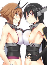 Rule 34 | 10s, 2girls, bare shoulders, black hair, blush, breast press, breasts, brown hair, elbow gloves, fingerless gloves, gloves, green eyes, hair ornament, hairband, headgear, kamata yuuya, kantai collection, large breasts, long hair, looking at viewer, multiple girls, mutsu (kancolle), nagato (kancolle), red eyes, short hair, simple background, symmetrical docking, white background