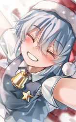 Rule 34 | 1girl, absurdres, bell, blue dress, blue hair, christmas, cirno, closed eyes, dress, grin, hat, highres, mahoro (minase mahoro), outstretched arms, santa hat, shirt, short sleeves, smile, solo, star (symbol), touhou, white shirt