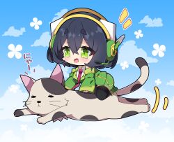 Rule 34 | 1girl, :d, absurdres, animal, black hair, black thighhighs, blue sky, blush, breasts, cat, chibi, cloud, collared shirt, commentary, detached sleeves, green eyes, green footwear, green jacket, green skirt, green sleeves, hair between eyes, headphones, headset, highres, jacket, kyoumachi seika, large breasts, long sleeves, looking away, milkpanda, mini person, minigirl, motion lines, necktie, notice lines, open mouth, purple necktie, shirt, shoes, short eyebrows, skirt, sky, sleeveless, sleeveless jacket, sleeves past wrists, smile, solo, thick eyebrows, thighhighs, translated, voiceroid, white shirt, wide sleeves
