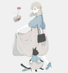 Rule 34 | 1girl, absurdres, animal, bag, blue eyes, blue footwear, blue shirt, braid, cat, choppy bangs, clothed animal, floating, french braid, from side, full body, grey background, grey skirt, high-waist skirt, high heels, highres, long bangs, long skirt, long sleeves, looking at animal, medium hair, no pupils, nocopyrightgirl, original, pale skin, parted lips, puffy sleeves, radio, shirt, shirt tucked in, shoulder bag, simple background, skirt, skirt hold, solo, walking