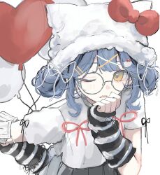 Rule 34 | 1girl, absurdres, arm warmers, balloon, black arm warmers, blue hair, bow, double bun, glasses, grey-framed eyewear, grey skirt, hair bun, hair ornament, hair ribbon, hairclip, hand on own chin, hand on own hip, hat, hat bow, heart balloon, highres, holding, holding balloon, leaning forward, niaa, one eye closed, original, pleated skirt, red bow, red ribbon, ribbon, round eyewear, shirt, short hair, short sleeves, sidelocks, simple background, skirt, solo, twitter username, white arm warmers, white background, white hat, white ribbon, white shirt, x hair ornament, y2k fashion